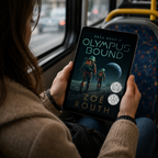 Person holding a tablet with 'Olympus Bound' by Zoe Routh on a bus.