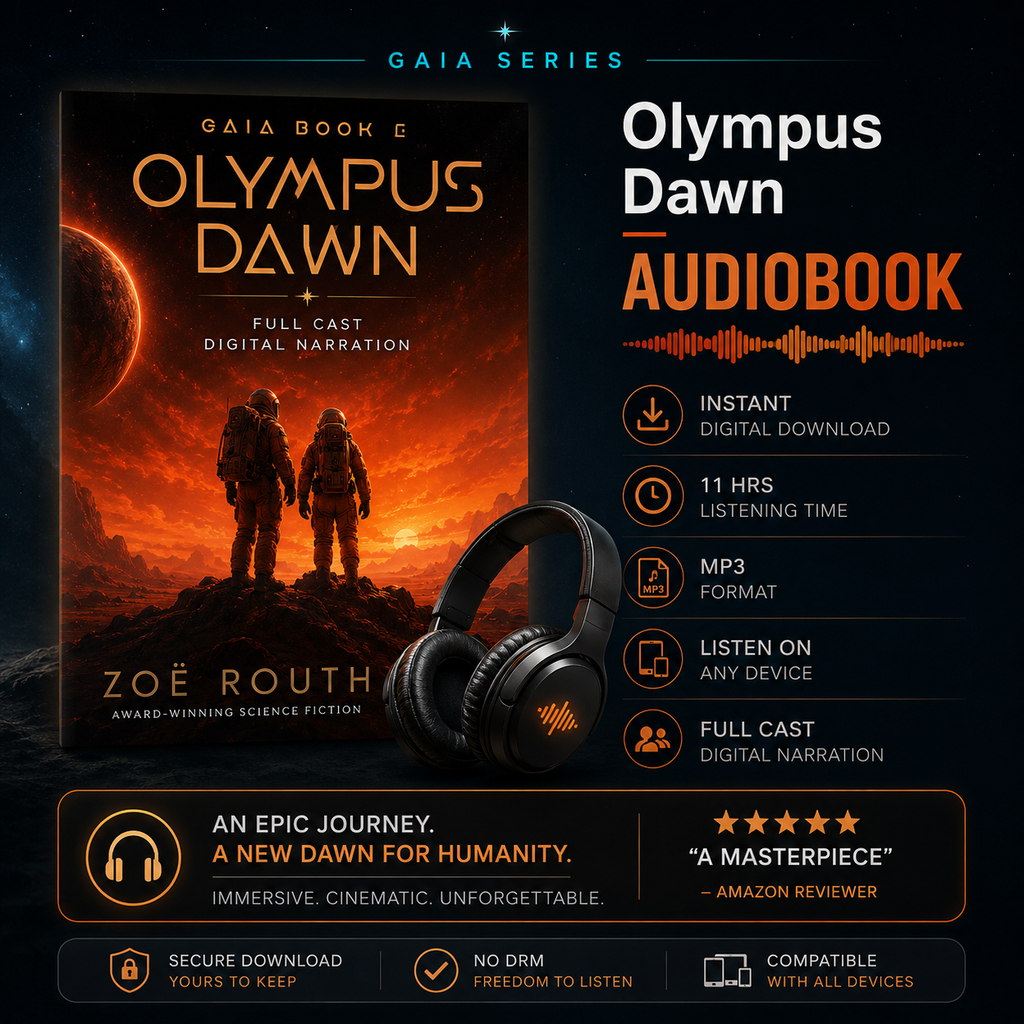 Promotional image of 'Olympus Dawn' audiobook with cover, headphones, and feature details on a dark background.