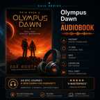 Promotional image of 'Olympus Dawn' audiobook with cover, headphones, and feature details on a dark background.