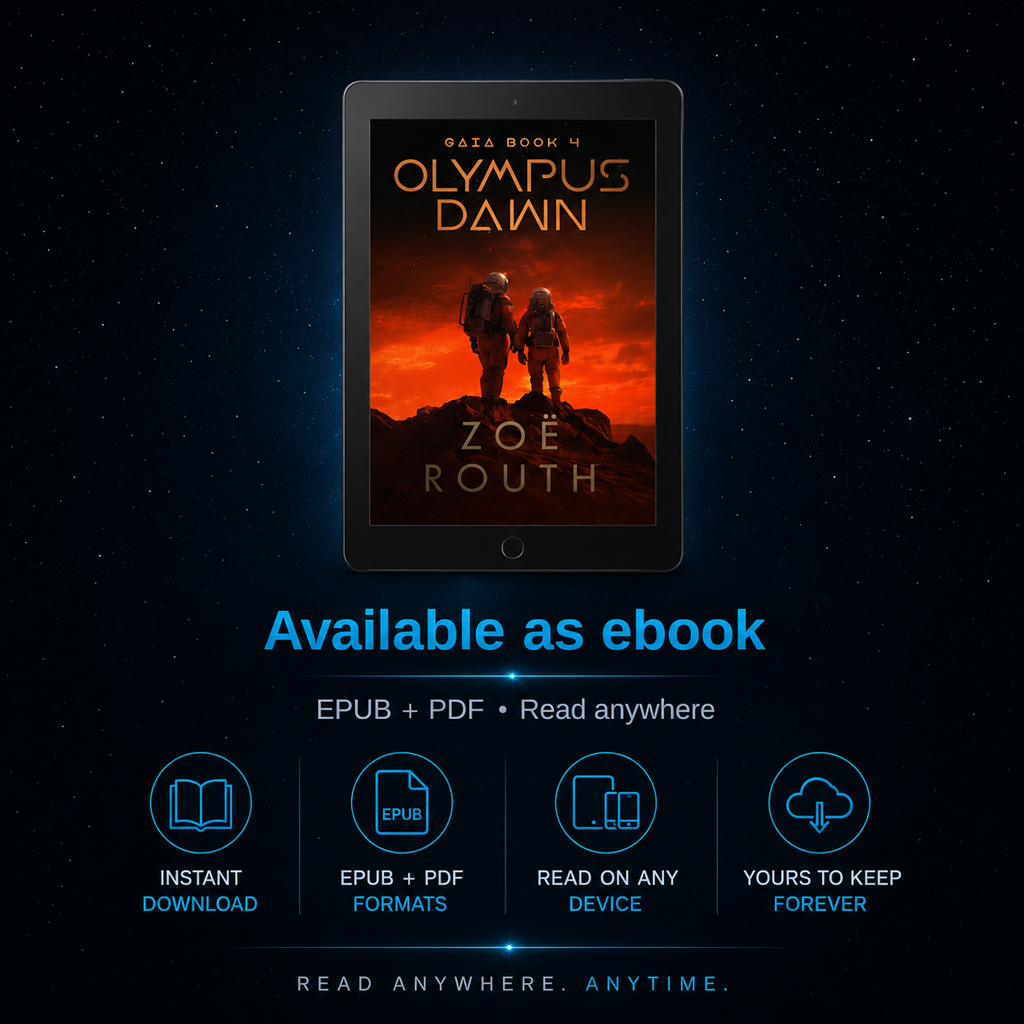 Ebook cover of 'Olympus Dawn' by Zoe Routh on a tablet with space-themed background