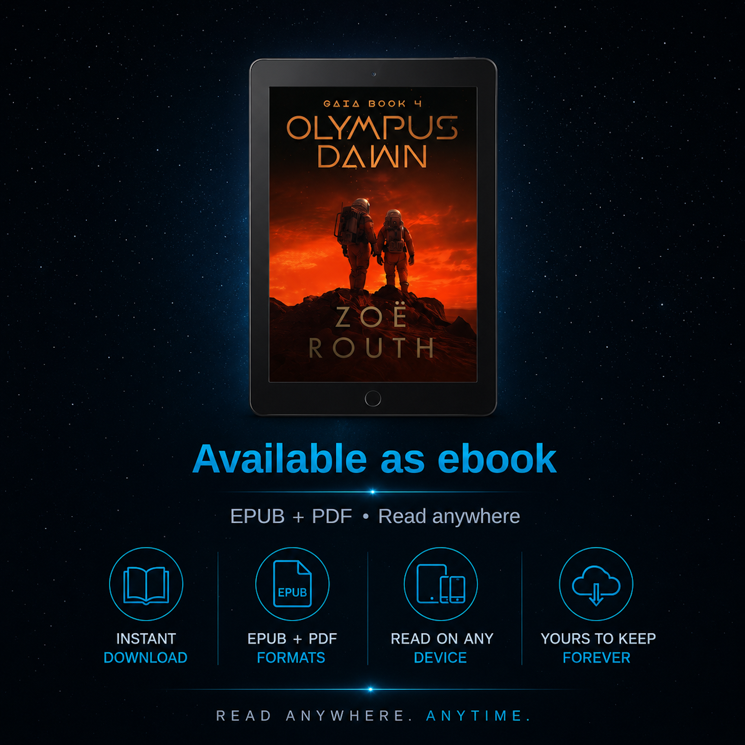 Ebook cover of 'Olympus Dawn' by Zoe Routh on a tablet with space-themed background