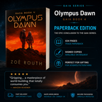 Book cover of 'Olympus Dawn' by Zoe Routh with promotional text on a dark space-themed background