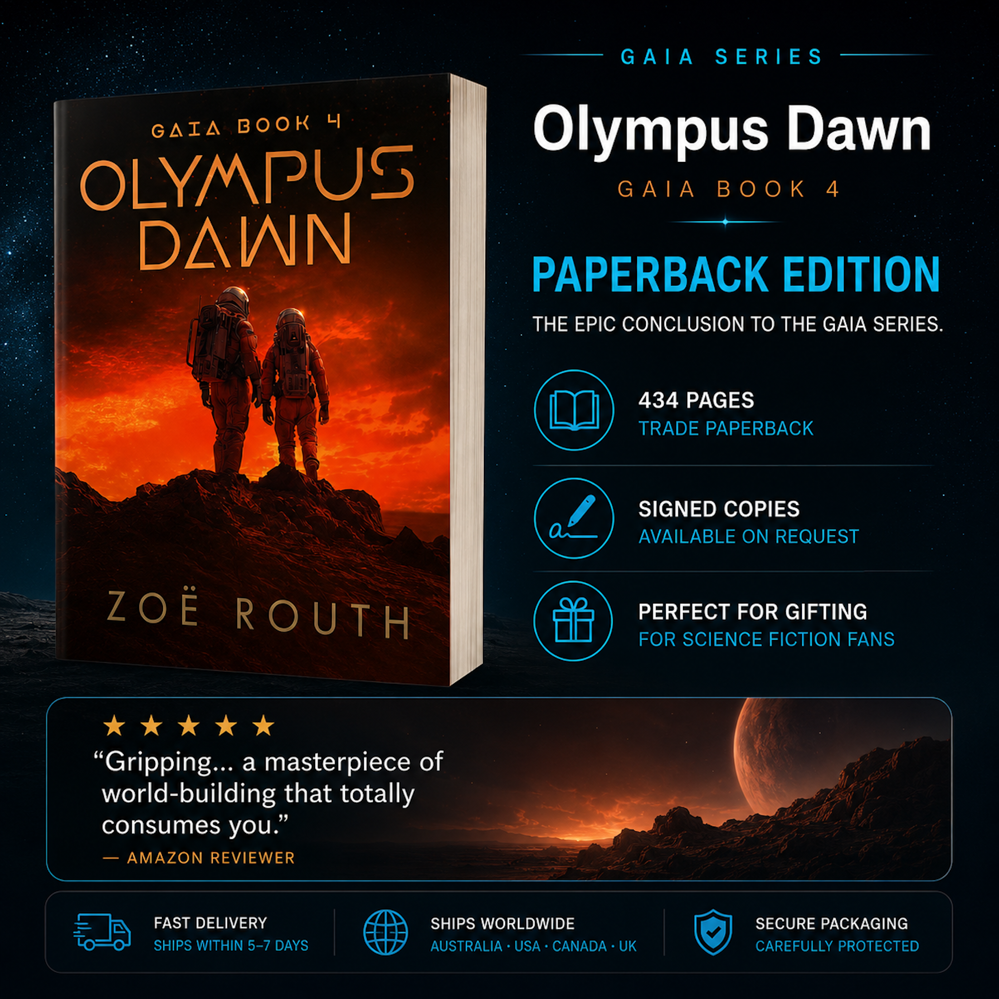Book cover of 'Olympus Dawn' by Zoe Routh with promotional text on a dark space-themed background