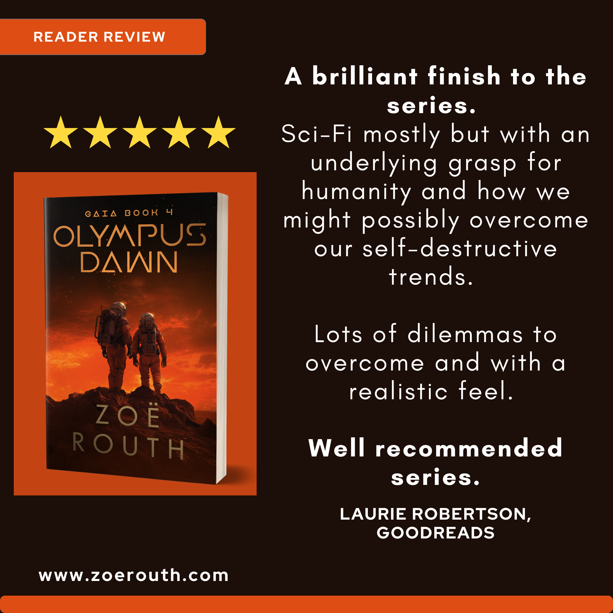 Book cover of 'Olympus Dawn' by Zoe Routh with a five-star rating and reader review on a black background.
