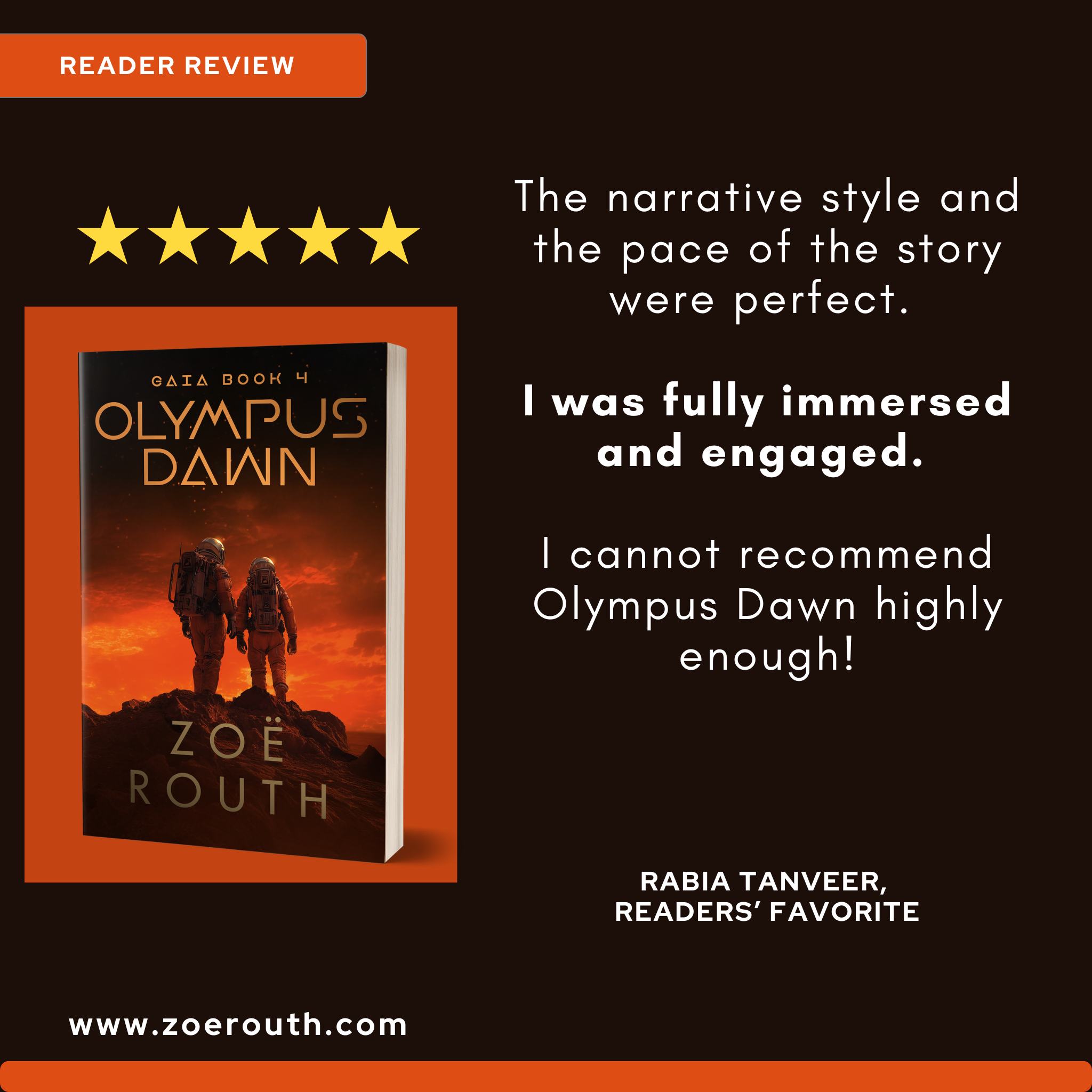 Book cover of 'Olympus Dawn' with a five-star rating and reader review on a black background.