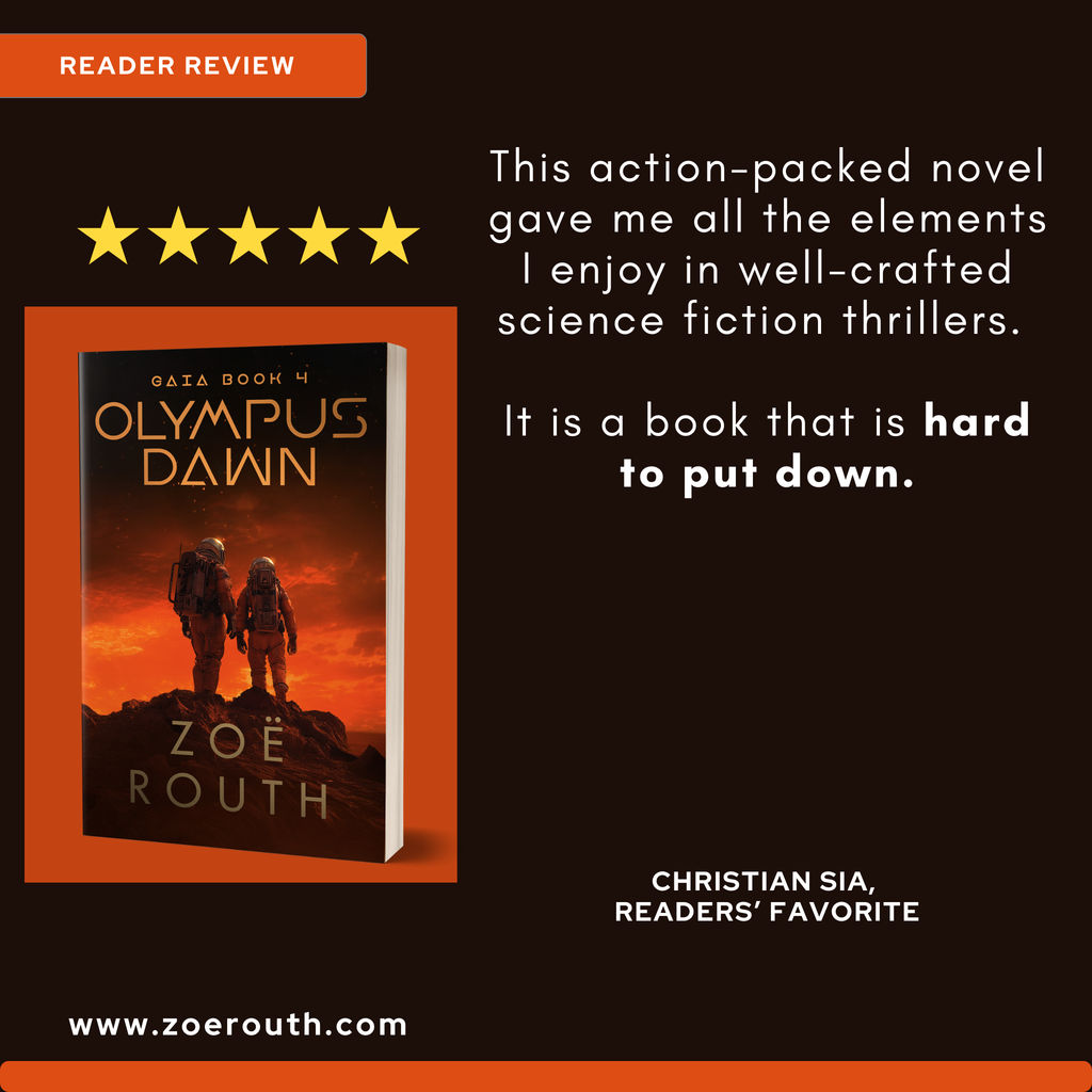 Book cover of 'Olympus Dawn' by Zoe Routh with a five-star rating and reader review on a black background.