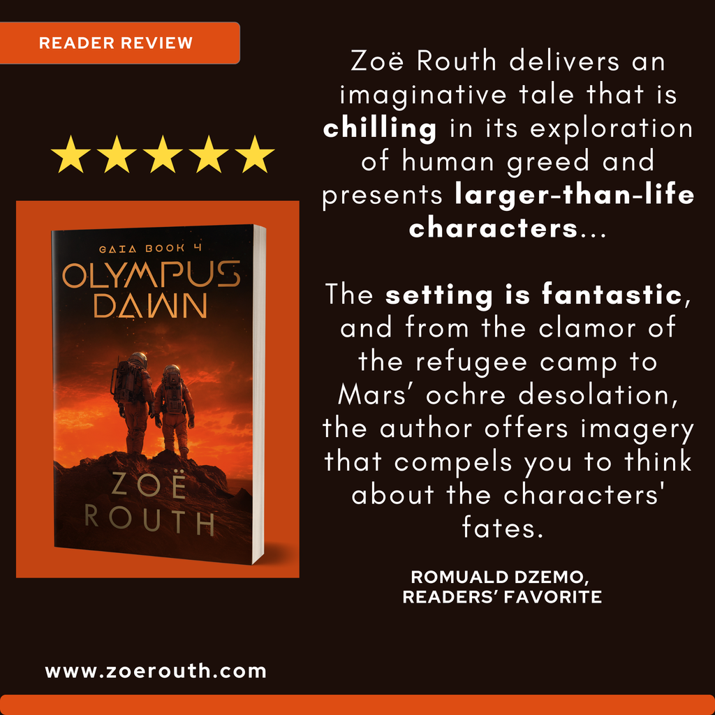 Book cover of 'Olympus Dawn' by Zoe Routh with a five-star rating and reader review text.