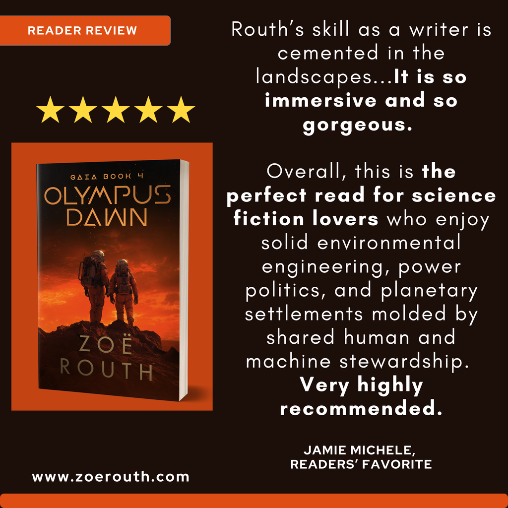 Book cover of 'Olympus Dawn' by Zoe Routh with a five-star rating and reader review text.
