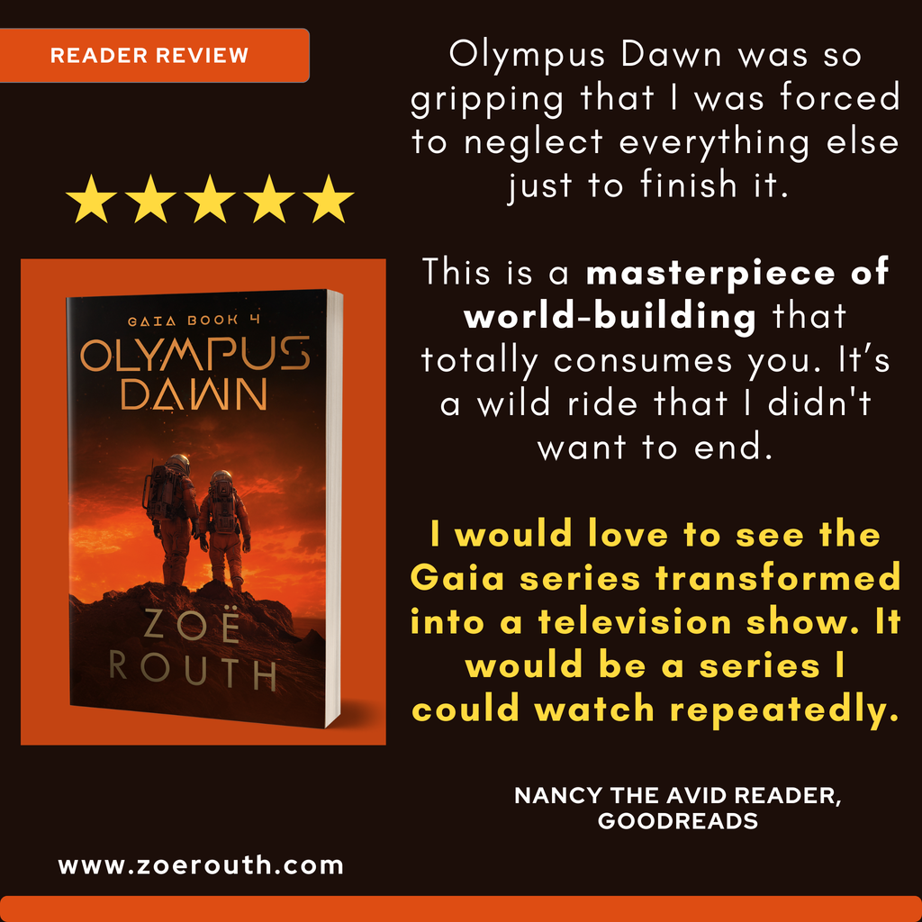 Book cover of 'Olympus Dawn' by Zoe Routh with reader review text on a black background