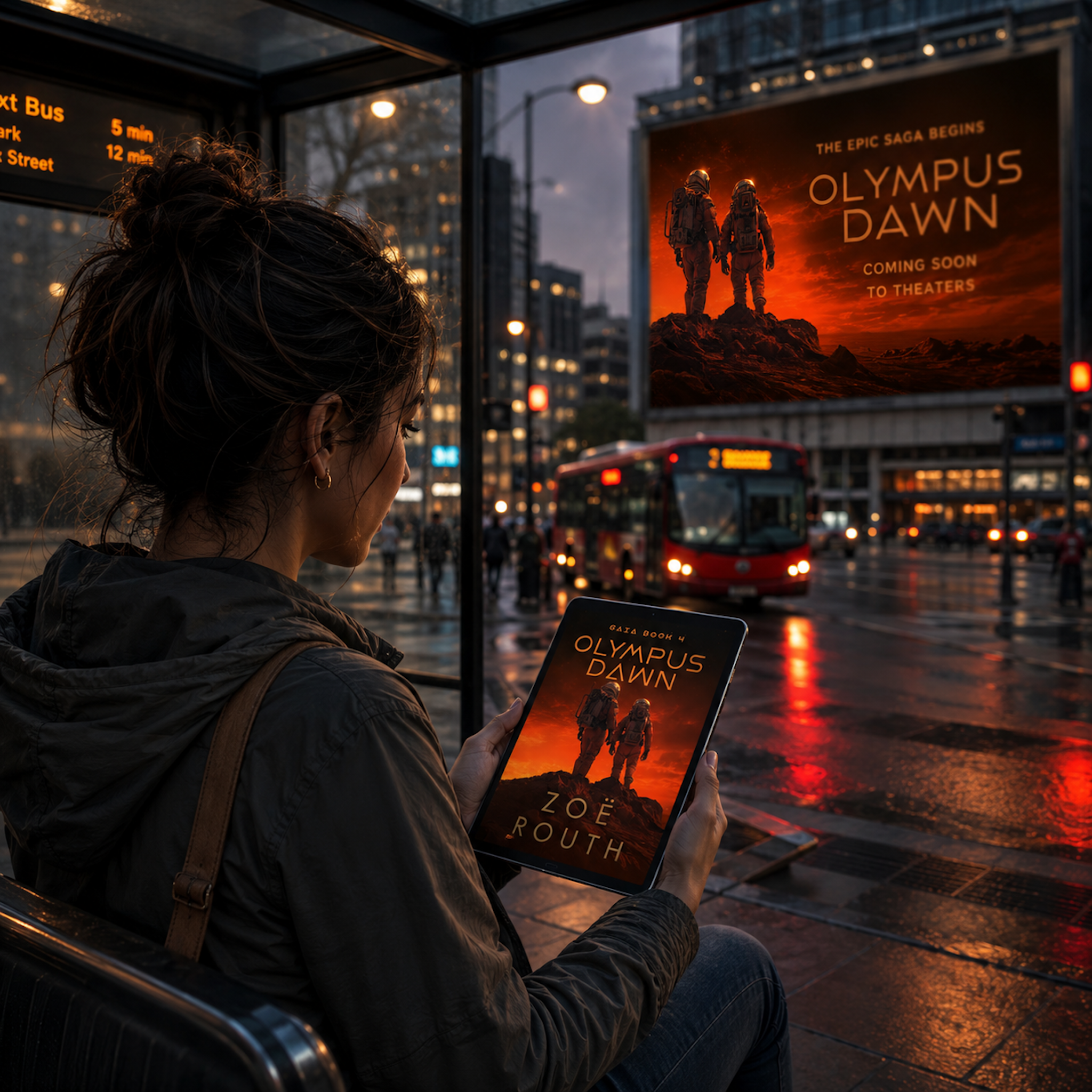 Person holding a book titled 'Olympus Dawn' at a bus stop with a movie billboard in the background.