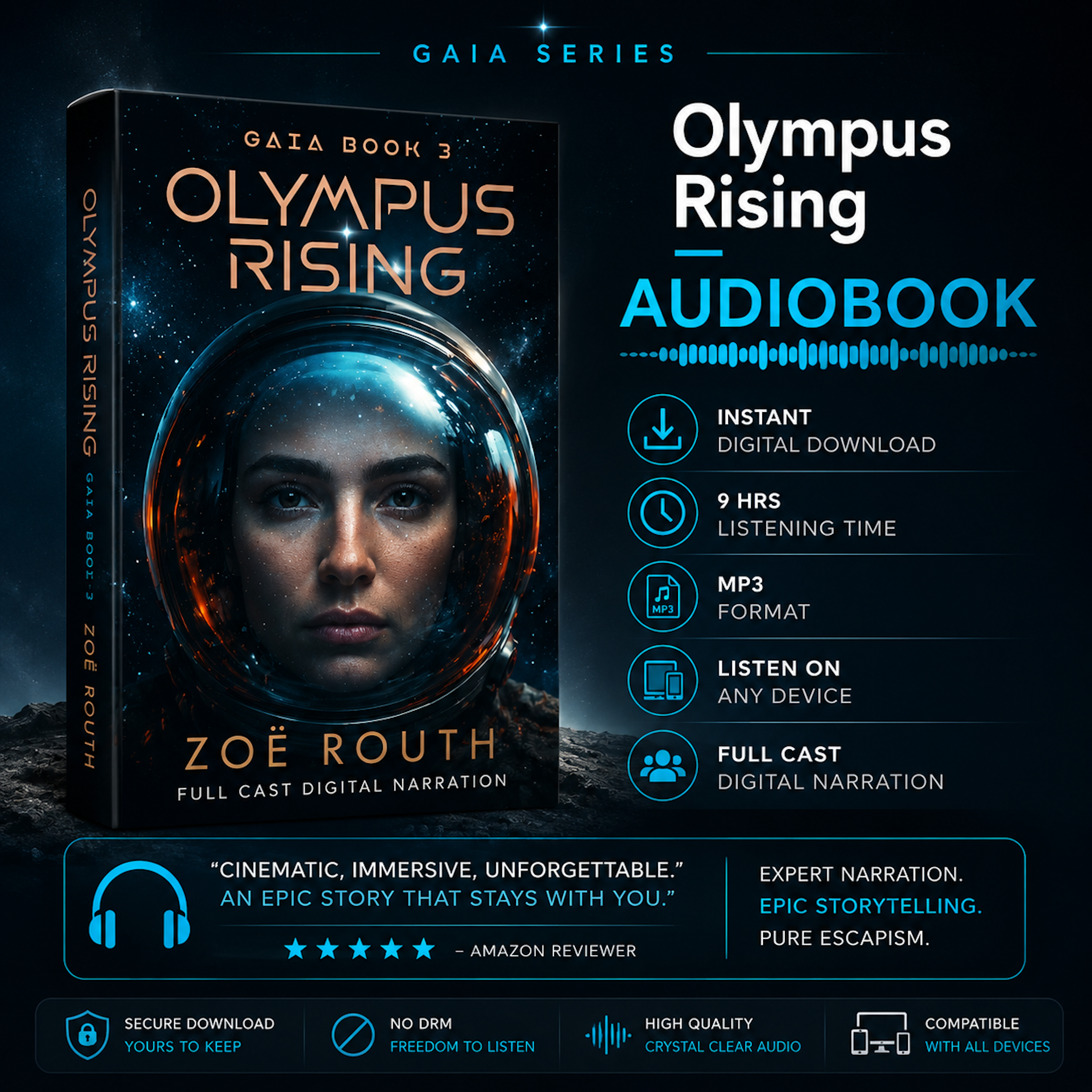 olympus rising book cover of female astronaut face and audiobook features