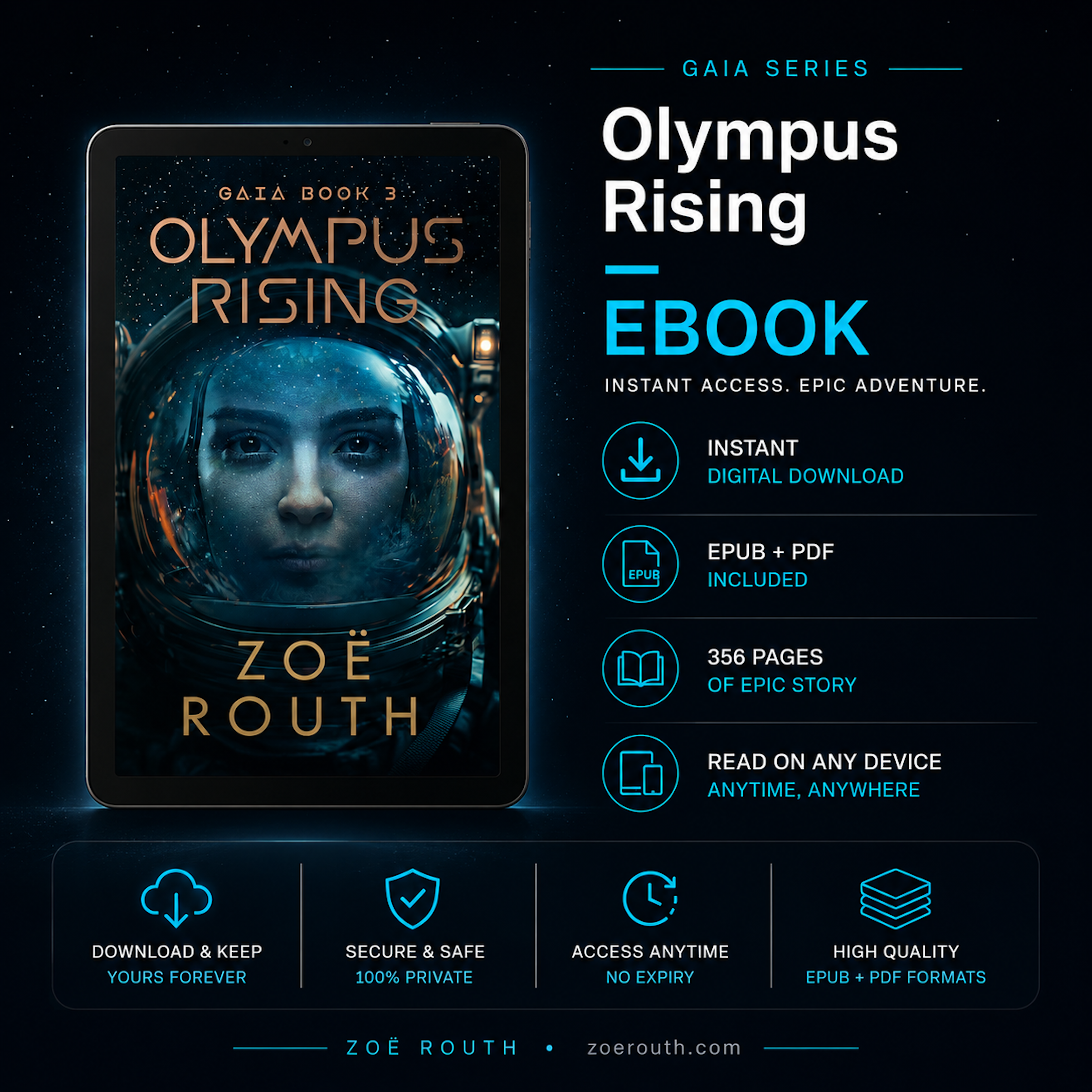 Ebook cover of 'Olympus Rising' by Zoe Routh with digital download options on a dark background