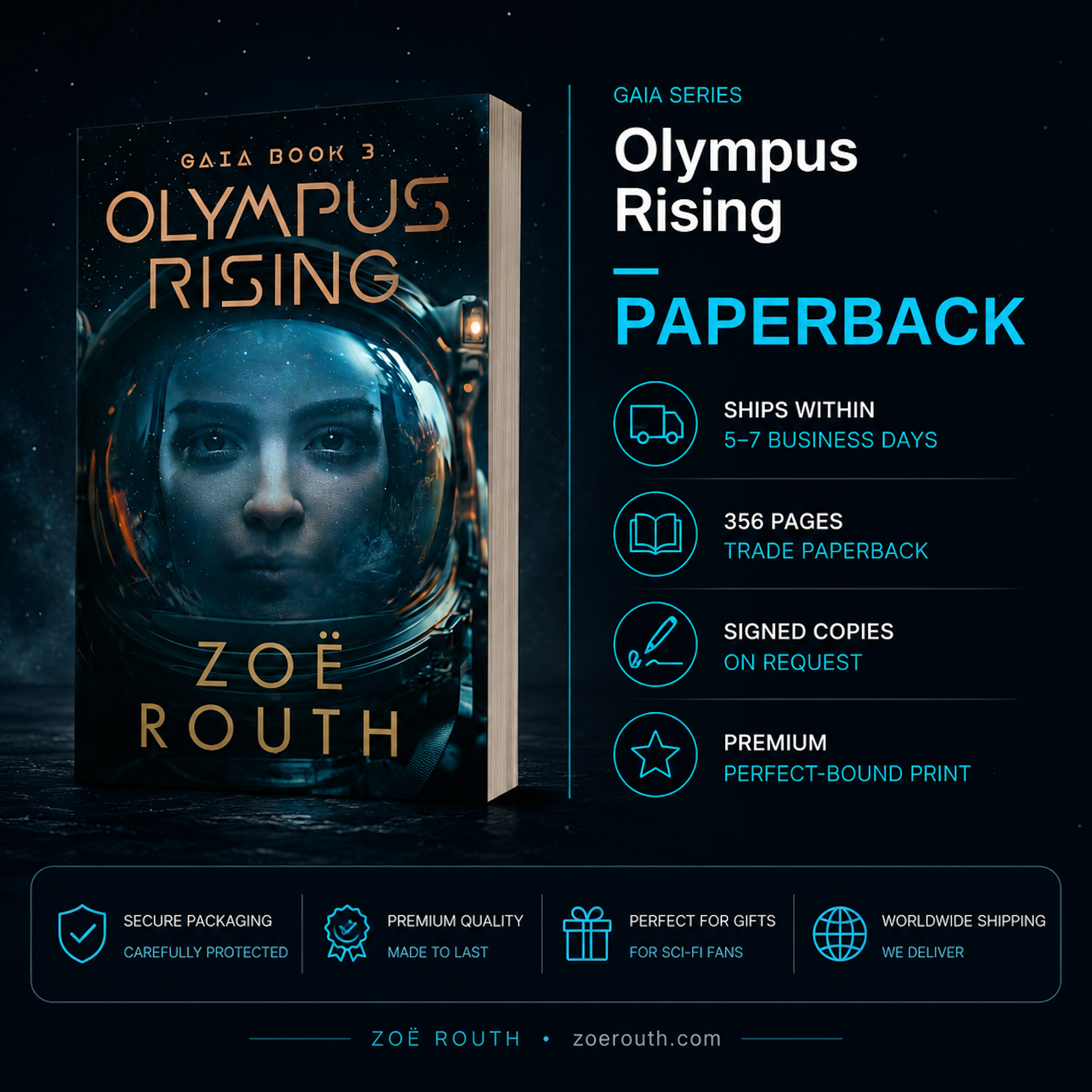 Book cover of 'Olympus Rising' by Zoe Routh with promotional text on a dark background