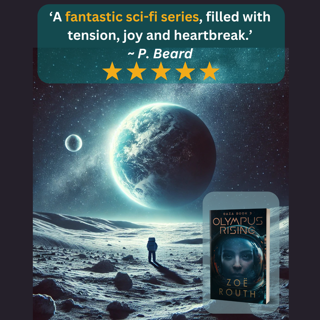 Sci-fi book cover with a planet and desert landscape, featuring a five-star rating and review quote.