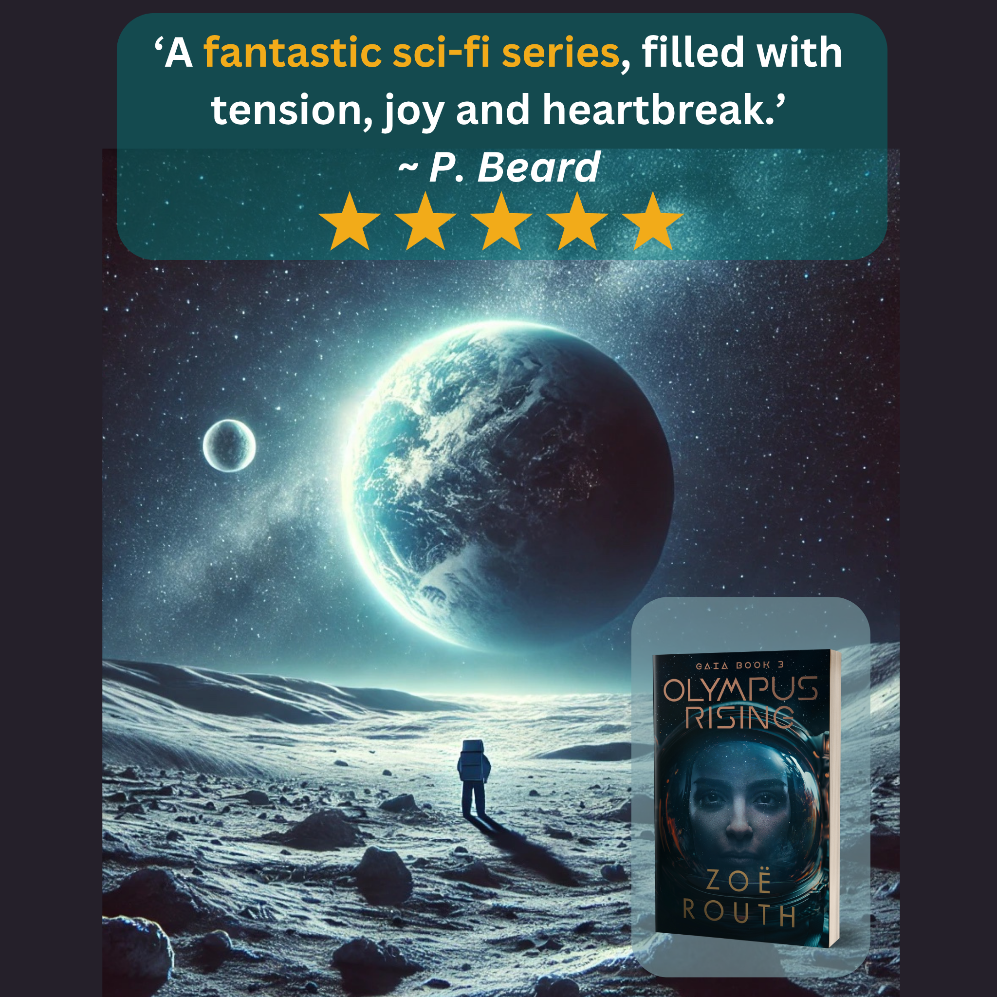 Sci-fi book cover with a planet and desert landscape, featuring a five-star rating and review quote.