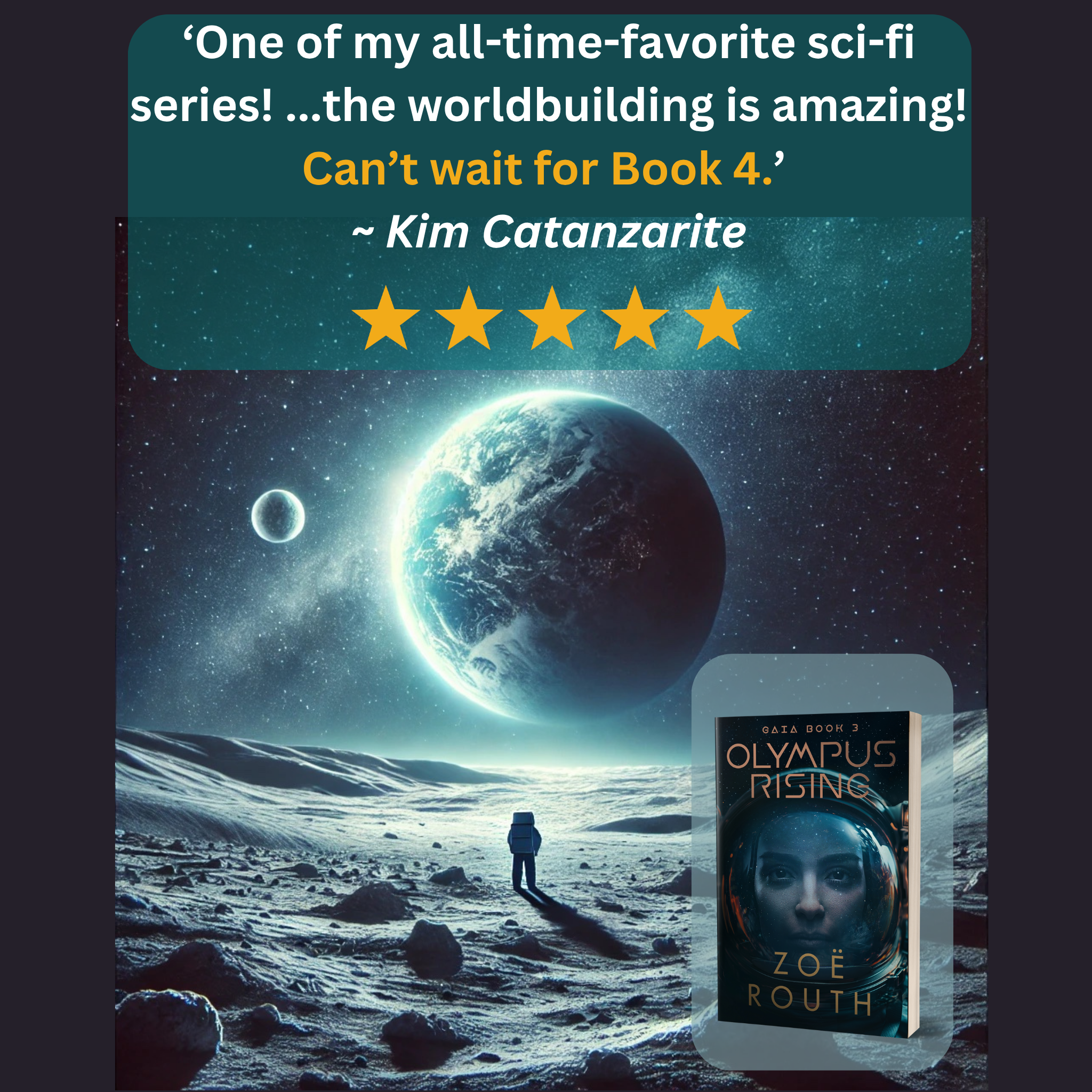 Book cover of 'Olympus Rising' with a评语 from Kim Catanzarite and a view of a planet.