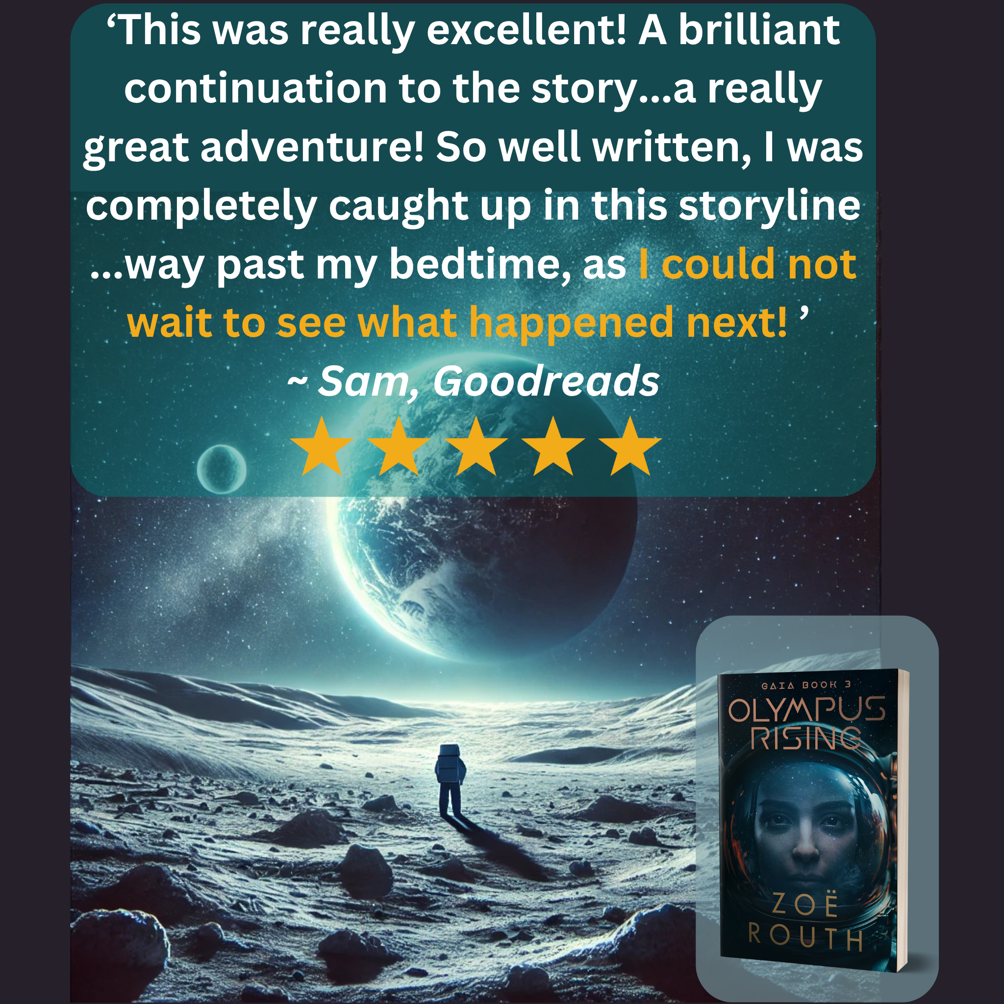 Book cover of 'Olympus Rising' by Zoe Routh with a five-star rating and review on a space-themed background.