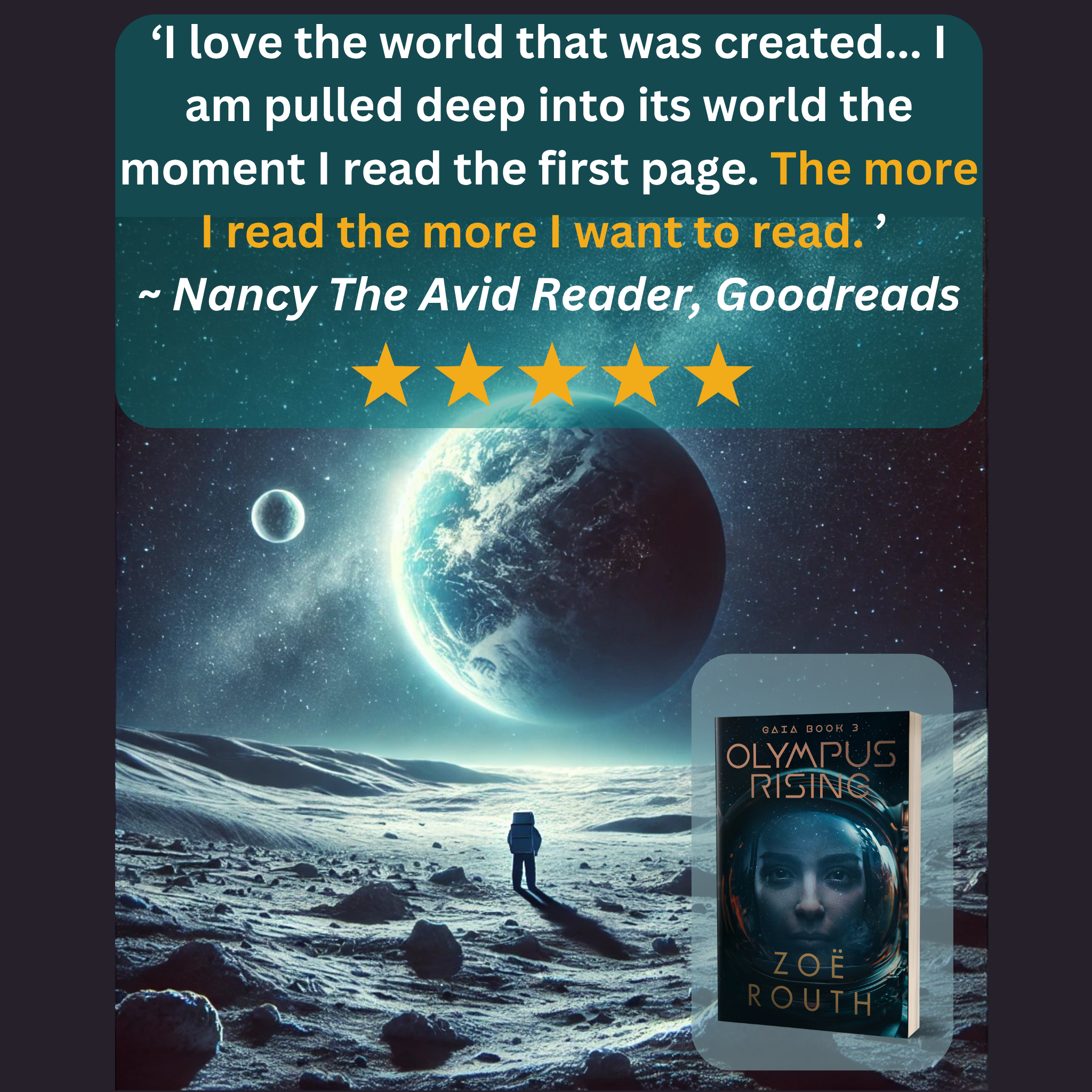 Book cover of 'Olympus Rising' by Zoe Routh with a space-themed background and five-star rating.