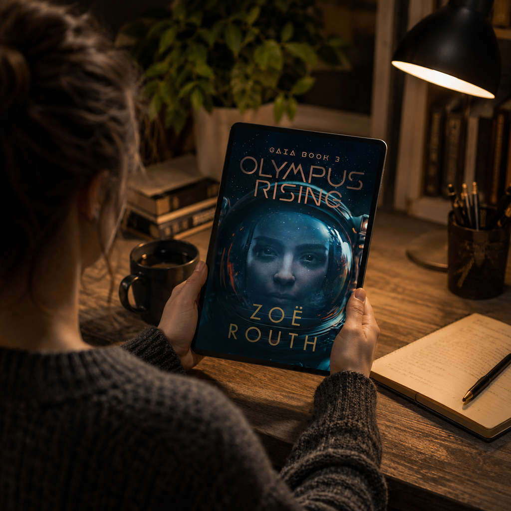 Person holding a book titled 'Olympus Rising' by Zoe Routh in a cozy indoor setting.