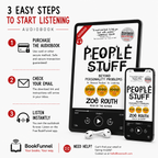 Promotional graphic for an audiobook listing showing the book cover for 'People Stuff' by Zoë Roth on a tablet and a smartphone, with three numbered steps on the left: purchase the audiobook, check email, and listen instantly. The BookFunnel logo and contact information appear at the bottom.