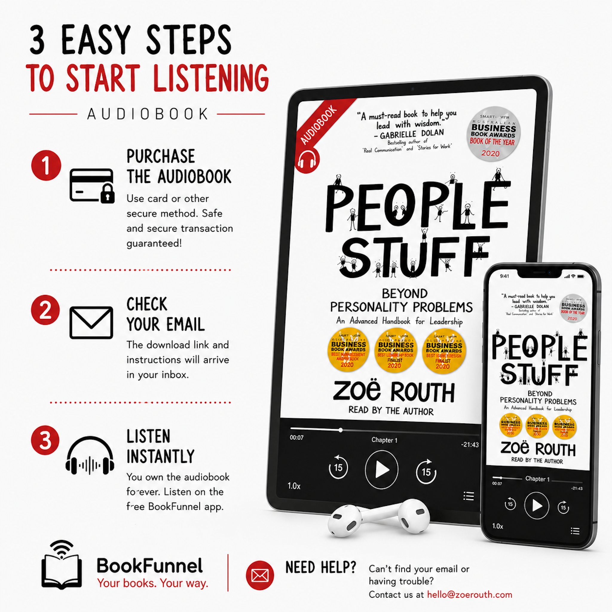 Promotional graphic for an audiobook listing showing the book cover for 'People Stuff' by Zoë Roth on a tablet and a smartphone, with three numbered steps on the left: purchase the audiobook, check email, and listen instantly. The BookFunnel logo and contact information appear at the bottom.