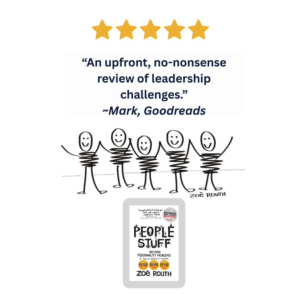 A promotional graphic for the book 'People Stuff' by author Zoe Roth. The design features a five-star rating at the top, a quote attributed to Mark from Goodreads, a simple black line drawing of five hand-holding figures, and the book cover shown at the bottom.