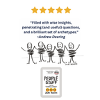 A promotional graphic for the book 'People Stuff' by Zoë Roth. It features a five-star rating at the top, a quote attributed to Andrew Deering, a simple black-and-white stick figure illustration, and a mockup of the book cover at the bottom.