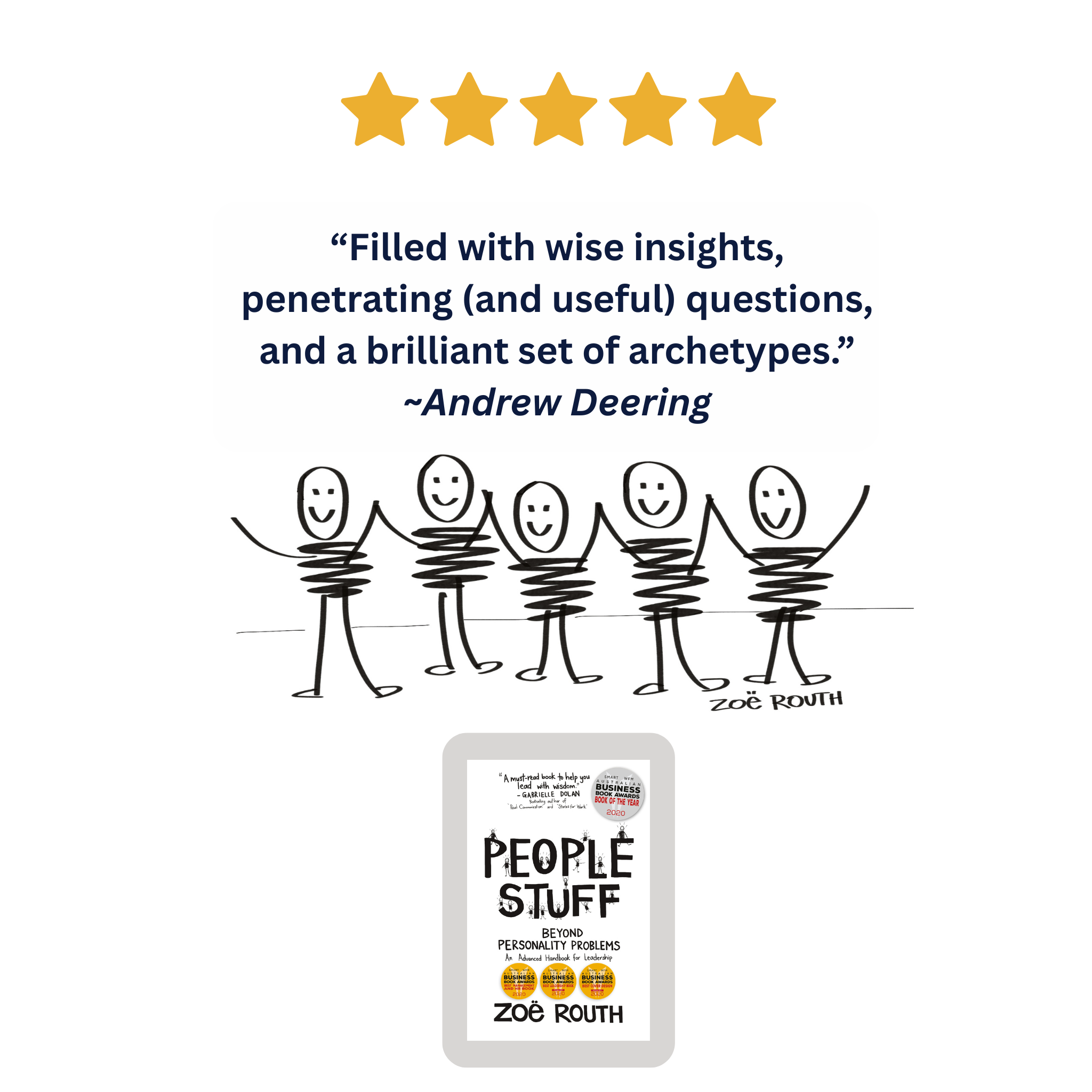 A promotional graphic for the book 'People Stuff' by Zoë Roth. It features a five-star rating at the top, a quote attributed to Andrew Deering, a simple black-and-white stick figure illustration, and a mockup of the book cover at the bottom.