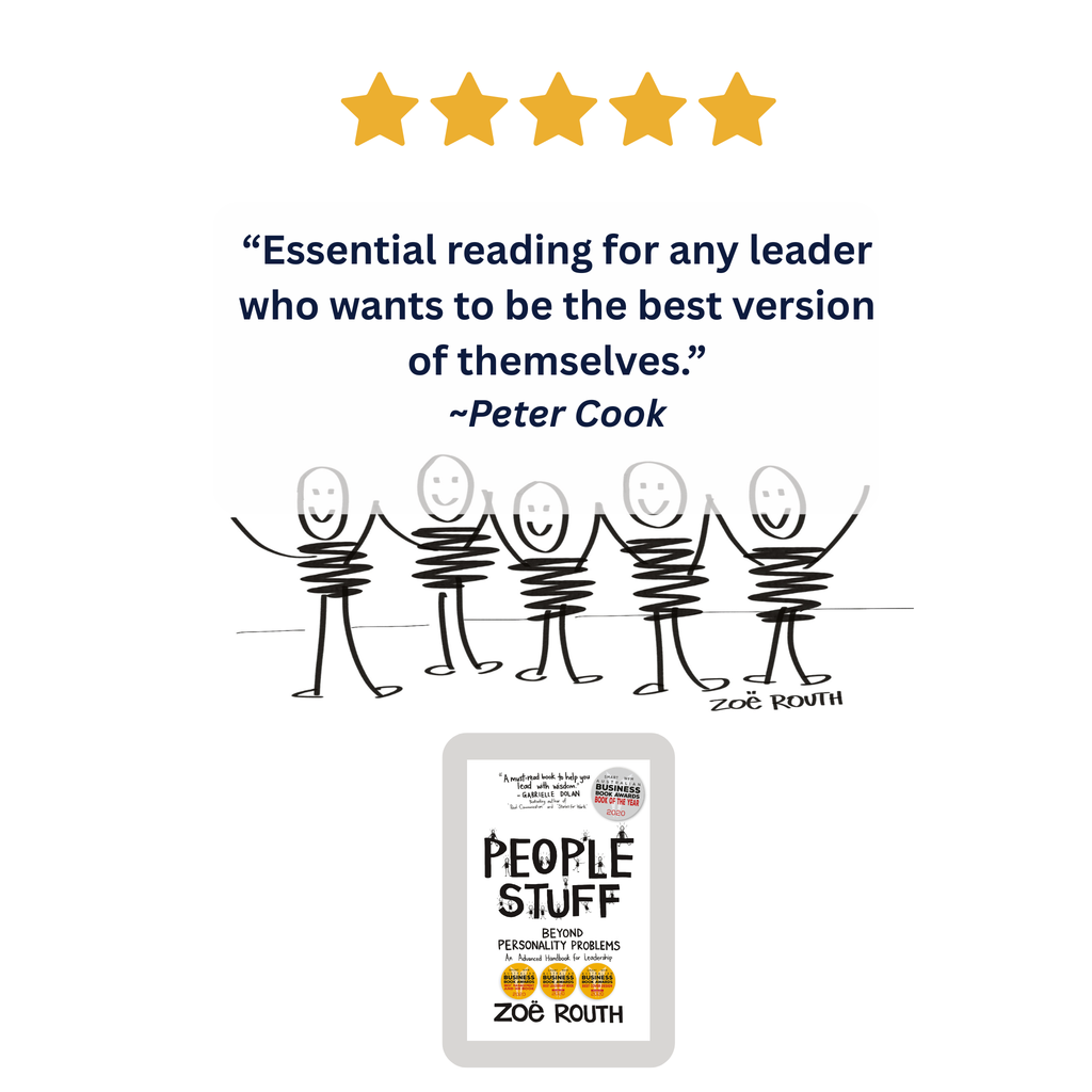 A promotional graphic for the book 'People Stuff' by Zoë Roth. The design features a five-star rating at the top, a quote from Peter Cook, a simple black-and-white stick figure illustration, and a mock-up of the book cover at the bottom.