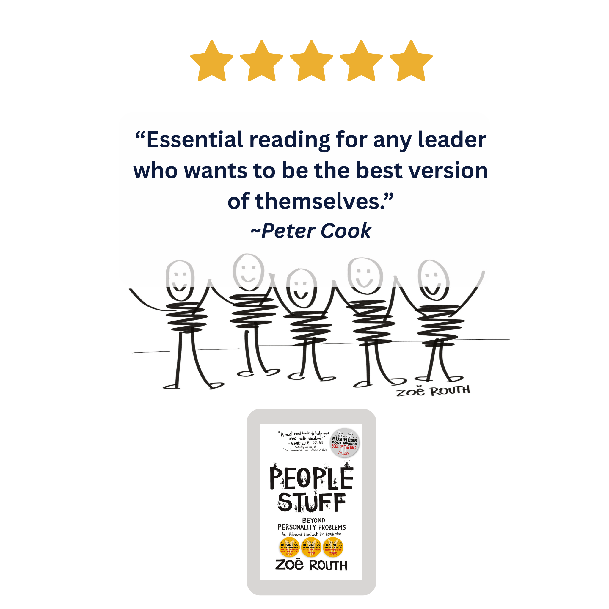 A promotional graphic for the book 'People Stuff' by Zoë Roth. The design features a five-star rating at the top, a quote from Peter Cook, a simple black-and-white stick figure illustration, and a mock-up of the book cover at the bottom.