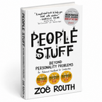 The book 'People Stuff: Beyond Personality Problems' by Zoë Routh, shown as a 3D mockup on a white background. The cover is white with bold black text and features three gold Business Book Awards 2020 seals.