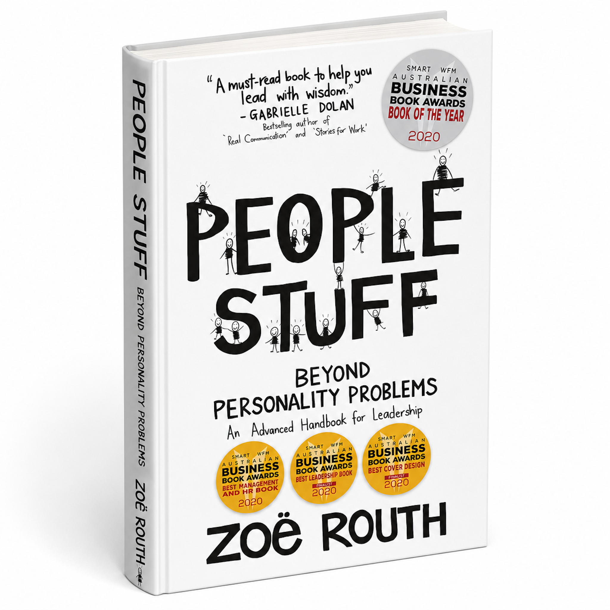 The book 'People Stuff: Beyond Personality Problems' by Zoë Routh, shown as a 3D mockup on a white background. The cover is white with bold black text and features three gold Business Book Awards 2020 seals.