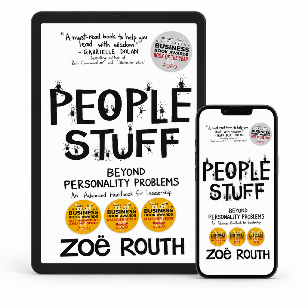 A digital book cover for 'People Stuff: Beyond Personality Problems' by Zoé Routh, shown on a tablet and a smartphone screen against a plain white background.