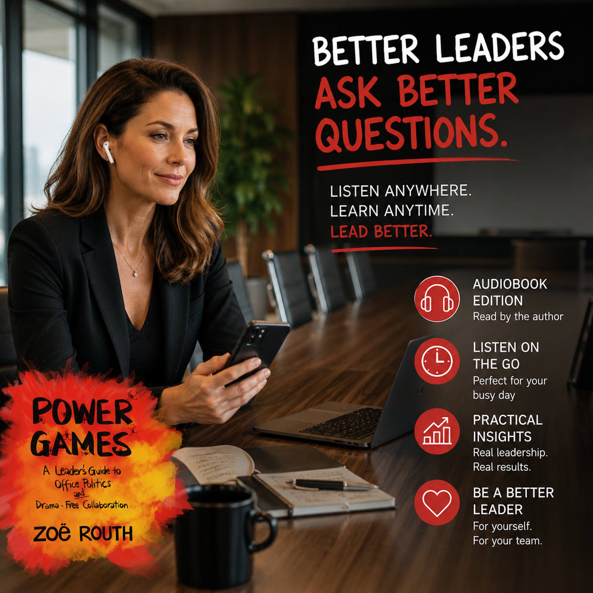 Promotional graphic for the audiobook 'Power Games' by Zoë Roth. On the left, a woman in a black blazer is shown looking at her phone in a modern office setting.