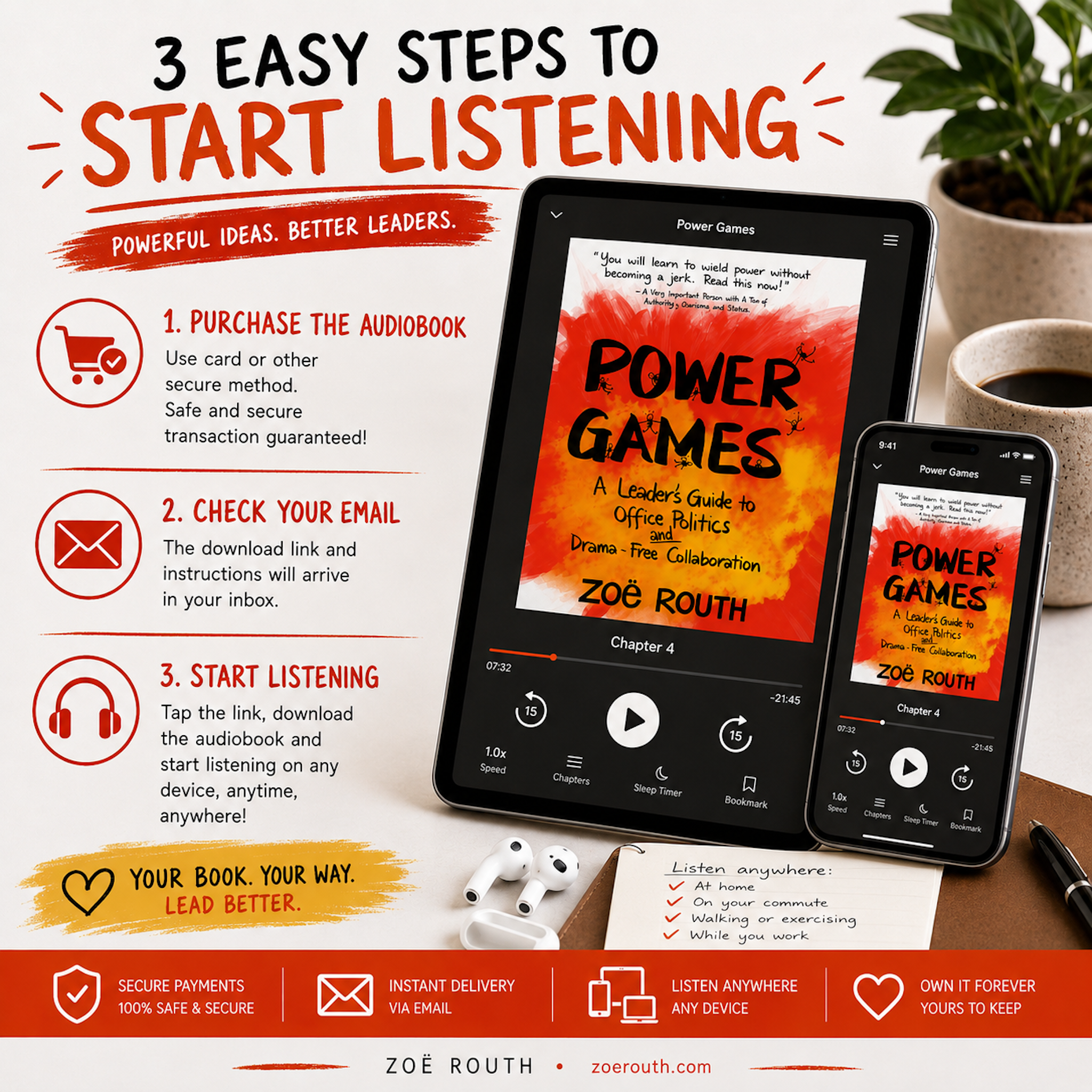 Promotional graphic for the audiobook 'Power Games' by Zoe Roth, showing a tablet and smartphone displaying the cover and player interface, alongside text steps to purchase, check email, and start listening. The design uses red, orange, black, and white with icons and a small photo of a mug and plant in the background.