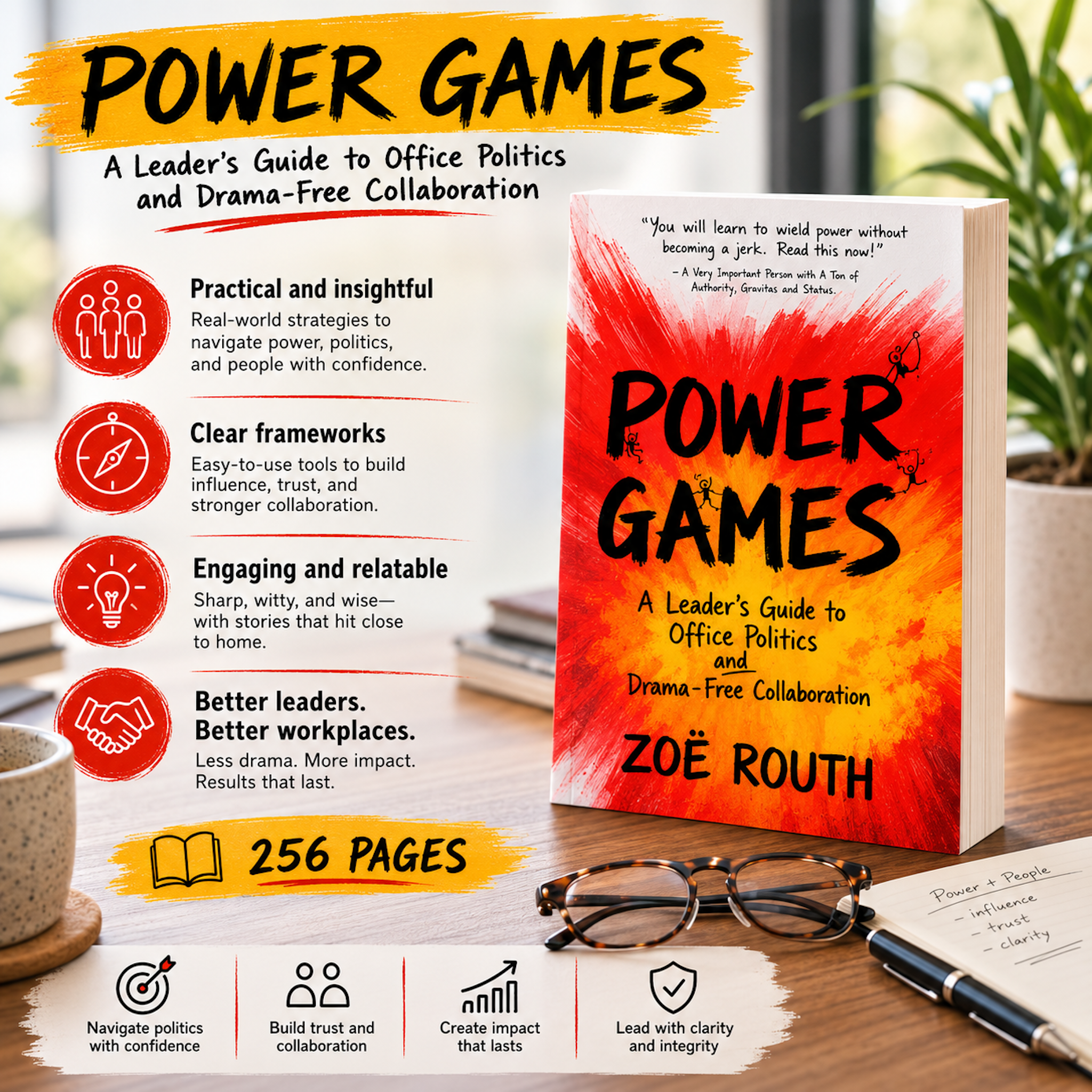 Book cover and spine for 'Power Games' by Zoë Roth, shown alongside marketing callouts on a styled desk background with a notebook, pen, and stones.