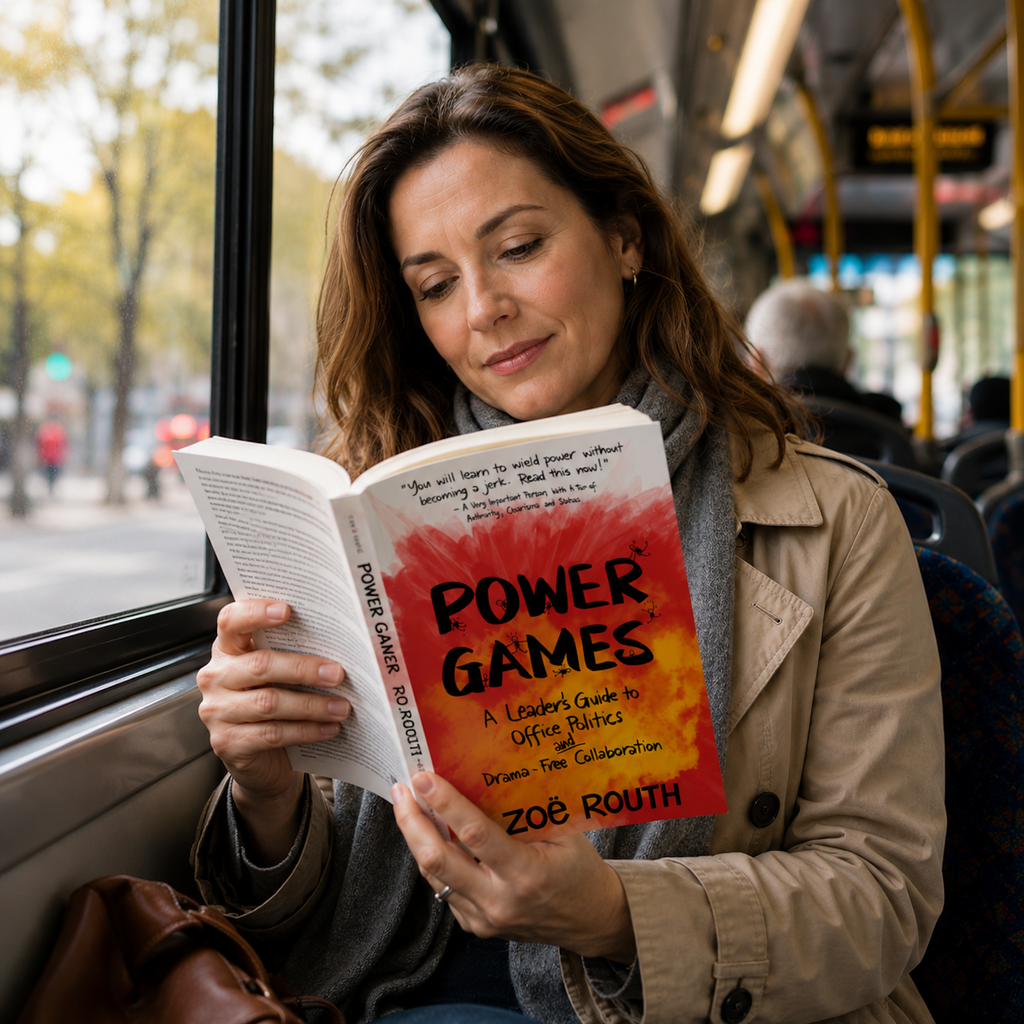 A woman sitting on a bus reads the book 'Power Games: A Leader's Guide to Office Politics' by Zoe Routh. The book cover features a bold red and orange watercolor design with black text.