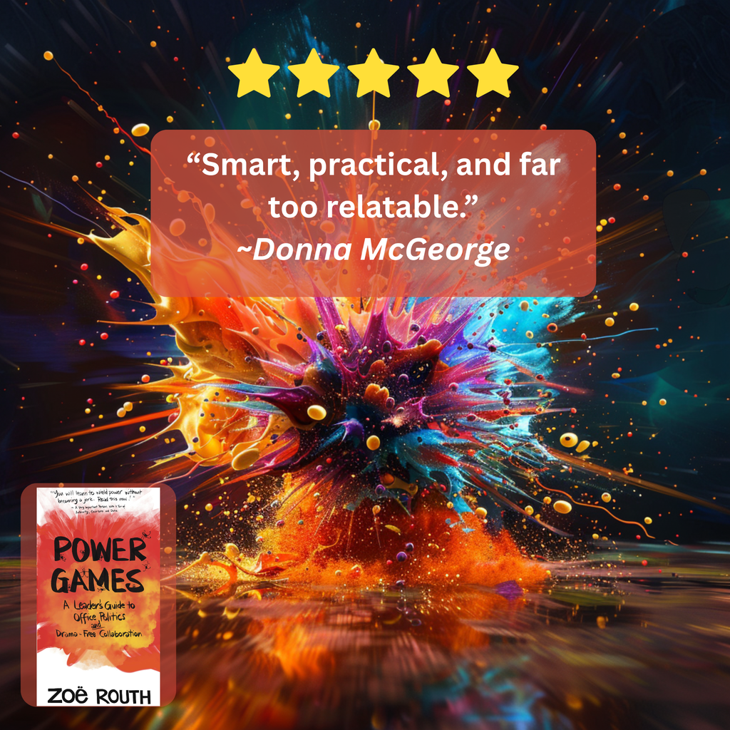 Book cover for 'Power Games' by Zoë Routh, featuring a colorful abstract paint explosion background with a translucent review quote from Donna McGeorge and five gold stars at the top.