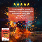 Book cover for 'Power Games' by Zoë Routh, featuring a bold abstract multicolor paint explosion design with a translucent red quote overlay and five gold stars at the top.