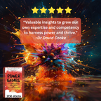 Book cover for 'Power Games' by Zoë Routh, featuring a vibrant multicolor paint explosion graphic with a glowing quote by Dr. David Cooke and five gold stars at the top.