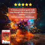 Book cover for 'Power Games' by Zoë Routh, featuring a colorful abstract paint explosion in the center with a glowing quote by Callum Lambart from Goodreads above it and five gold stars at the top.