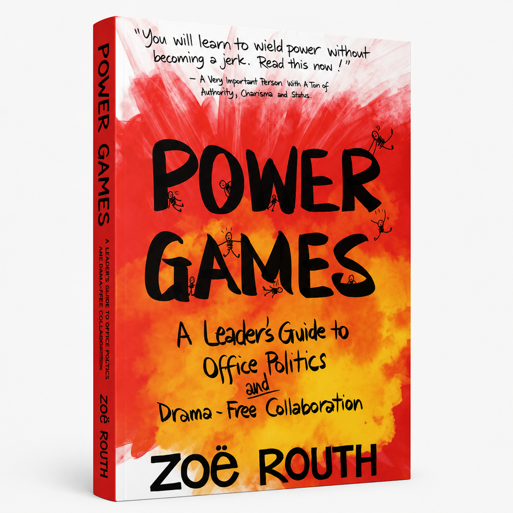 Book cover of 'Power Games' by Zoë Routh, featuring a bold red and orange watercolor background with black hand-drawn text and antler illustrations.