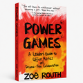 Book cover of 'Power Games' by Zoë Routh, featuring a bold red and orange watercolor background with black hand-drawn text and antler illustrations.