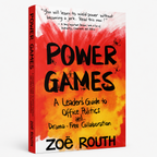 Book cover of 'Power Games' by Zoë Routh, featuring a bold red and orange watercolor background with black hand-drawn text and antler illustrations.