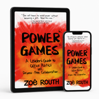 A digital book cover for 'Power Games' by Zoé Routh, shown on a tablet and a smartphone mockup against a plain white background.