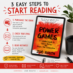 Promotional graphic for the ebook 'Power Games: A Leader's Guide to Office Politics and Drama-Free Collaboration' by Zoé Routh. The image shows a tablet displaying the book cover, surrounded by icons and text explaining the purchase and reading steps: purchase the ebook, check email, read instantly, and your book, your way.