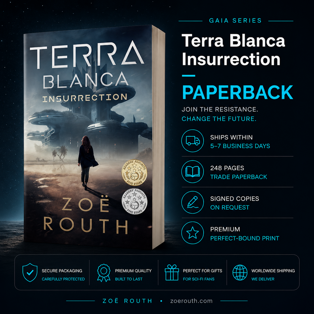 Book cover of 'Terra Blanca Insurrection' by Zoe Routh with promotional text on a dark background