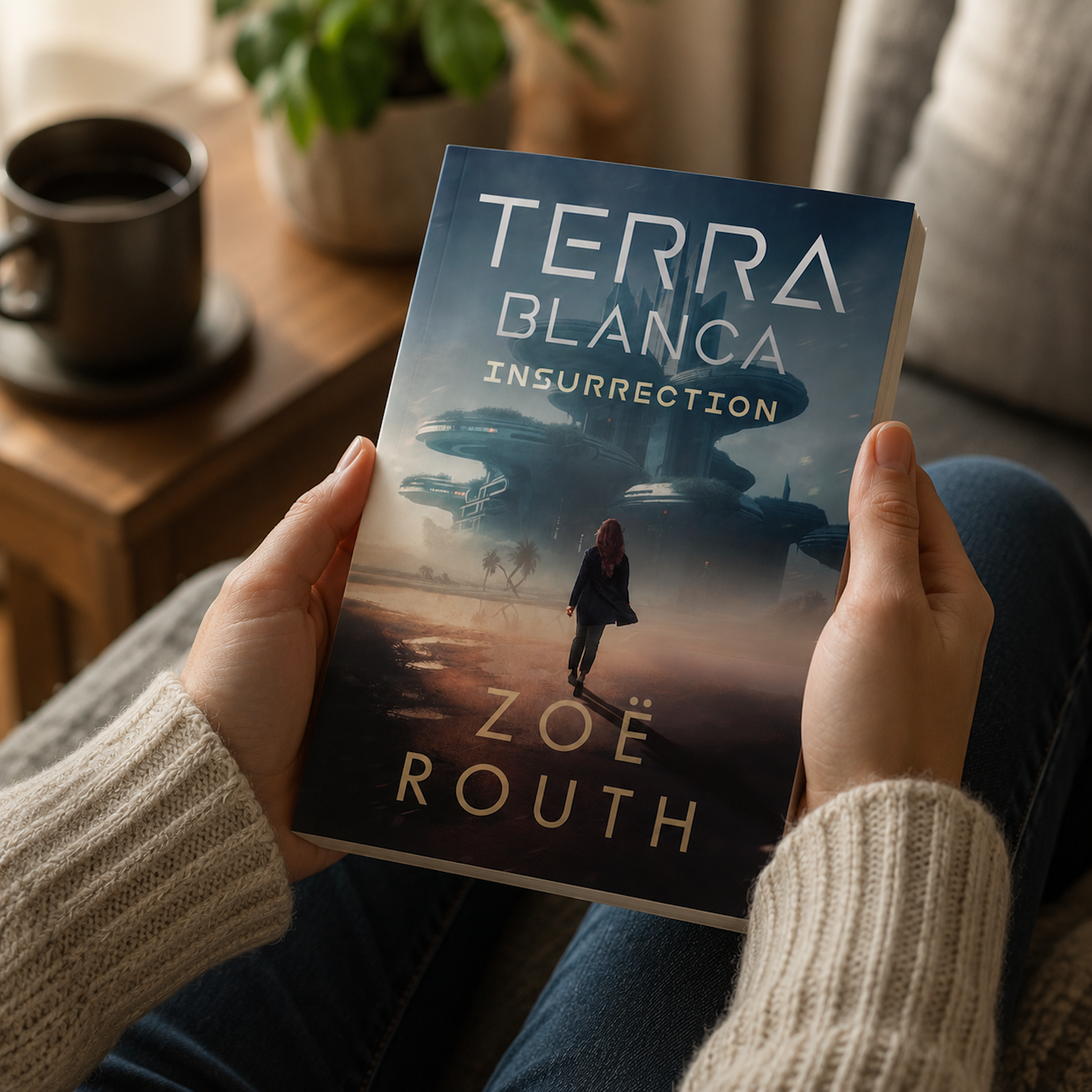 Person holding a book titled 'Terra Blanca Insurrection' by Zoe Routh in a cozy indoor setting.