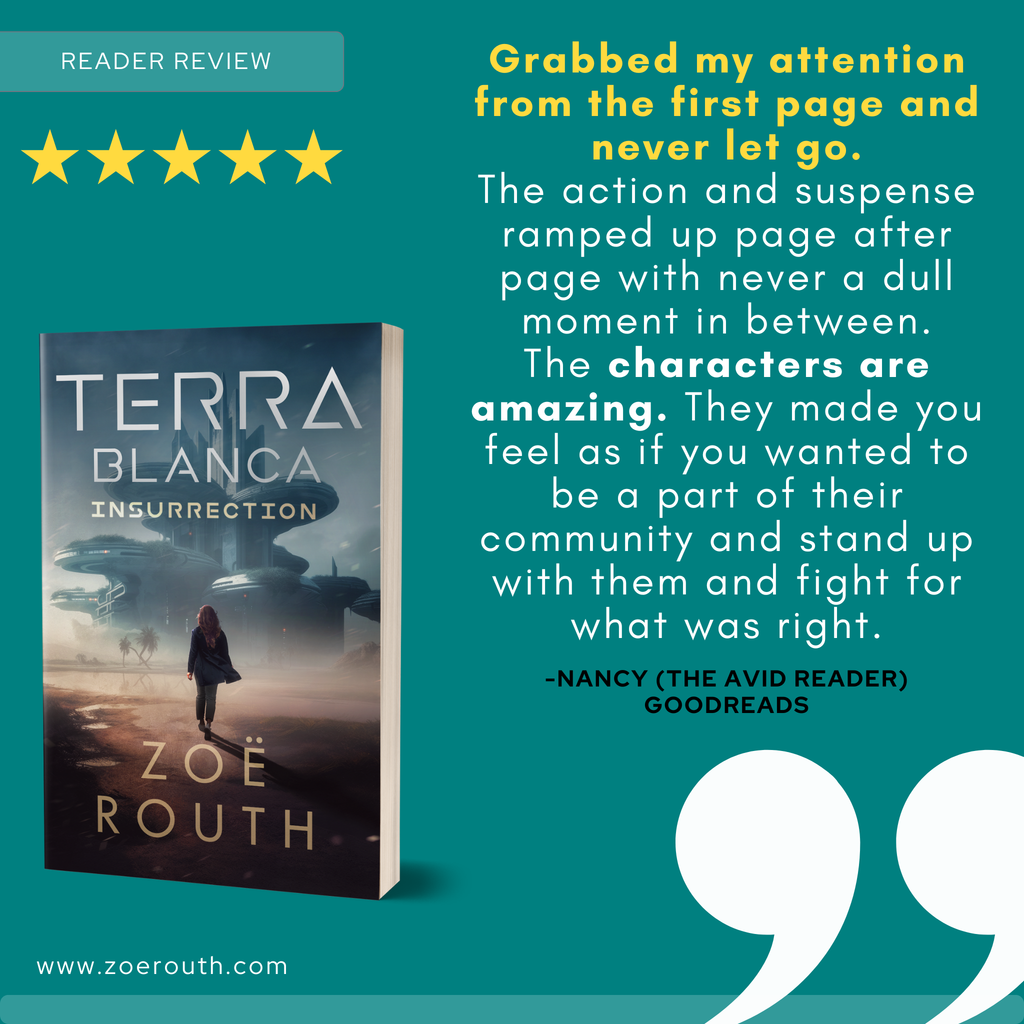 Book cover of 'Terra Blanca Insurrection' with a five-star review on a teal background