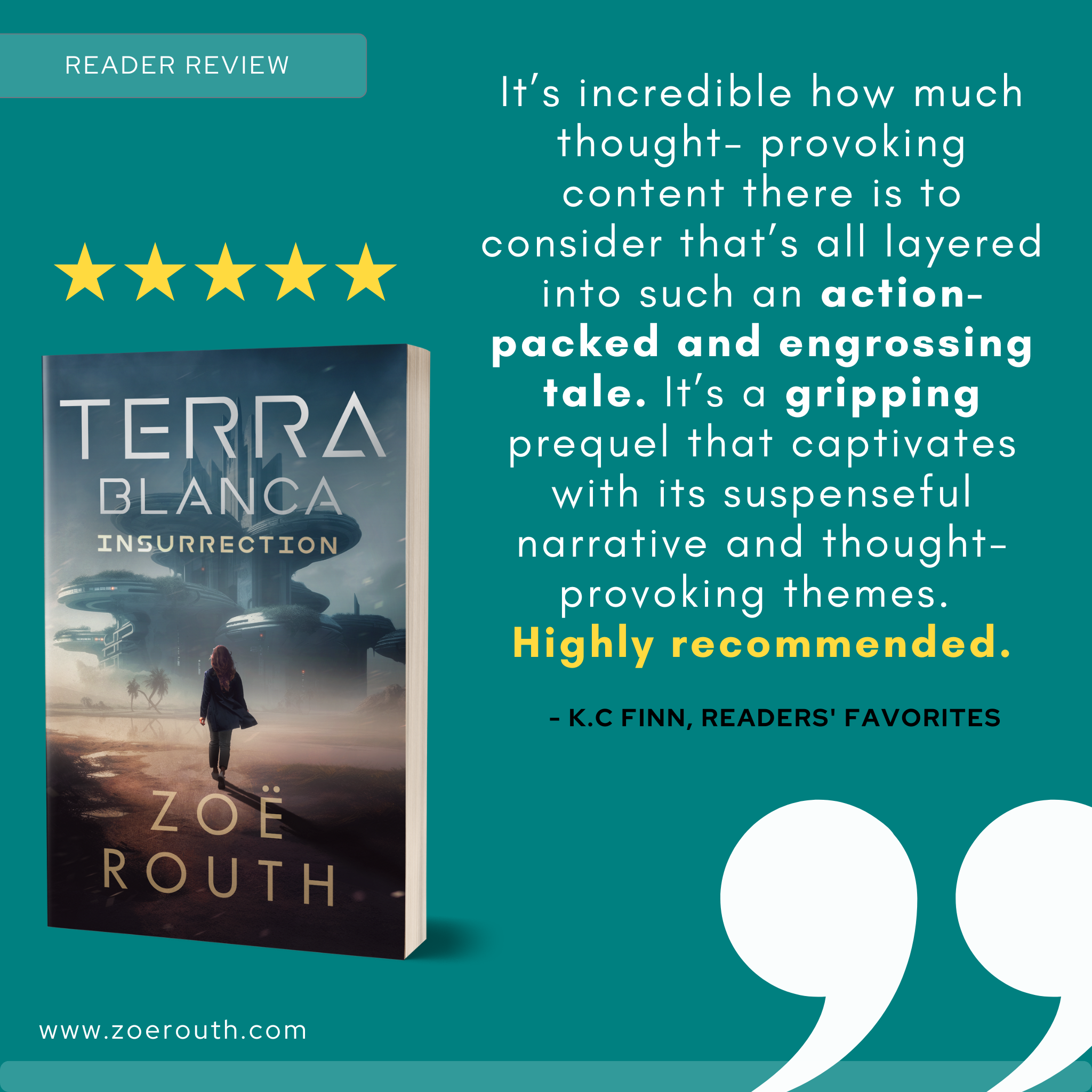 Book cover of 'Terra Blanca Insurrection' with a five-star rating and reader review on a teal background.